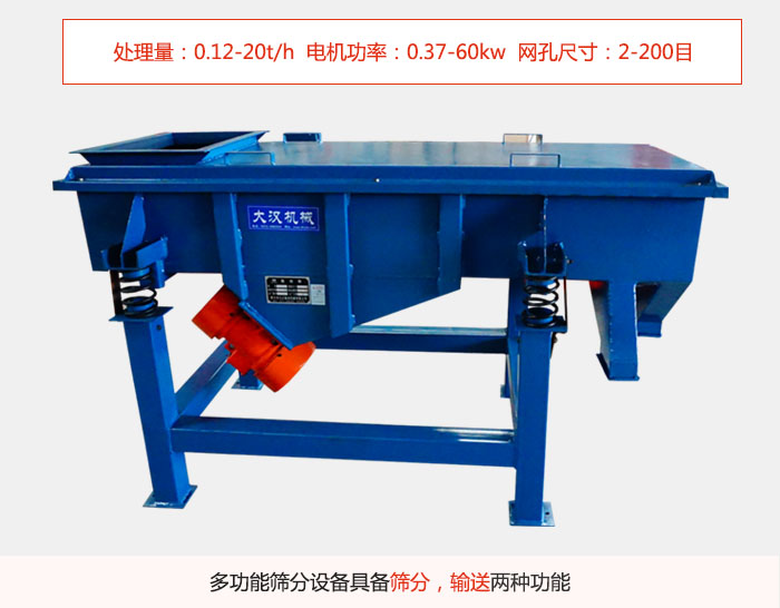 單層直線振動篩特點處理量：0.12-20t/h  電機功率：0.37-60kw  網(wǎng)孔尺寸：2-200目，多功能篩分設(shè)備具備篩分，輸送兩種功能。